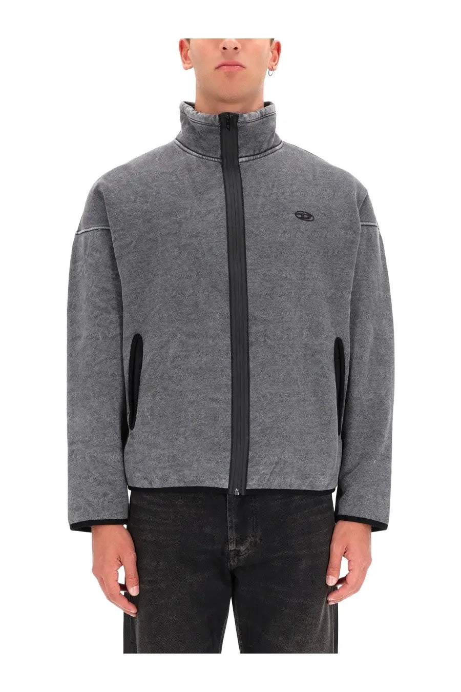 Diesel men’s Baty new sweatshirt grey with gray textured fleece material and black zipper and trim details