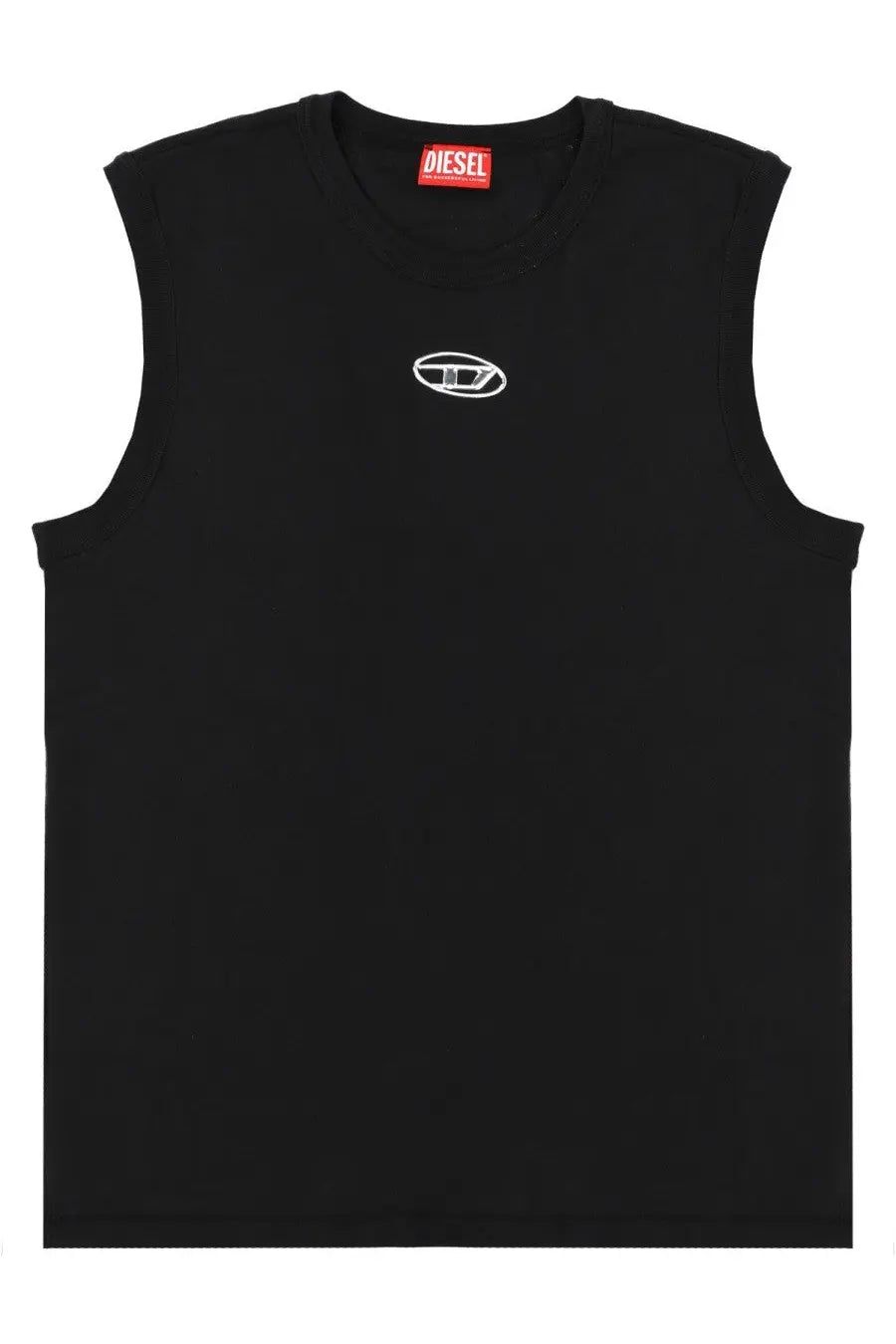 Diesel men’s bisco iod top black sleeveless tank top with white embroidered logo and red brand tag at neckline