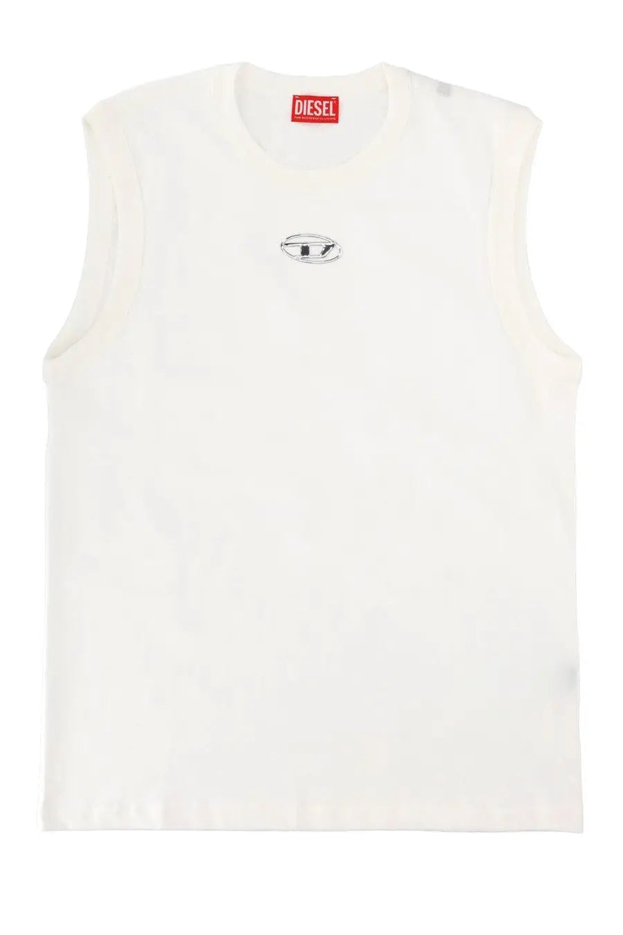 Diesel men’s bisco iod sleeveless white diesel t-shirt with small black embroidered logo and red neckline tag