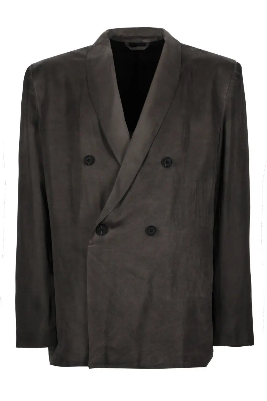 Diesel men’s dark gray double-breasted blazer with black buttons and subtle textured fabric in arman albg grey