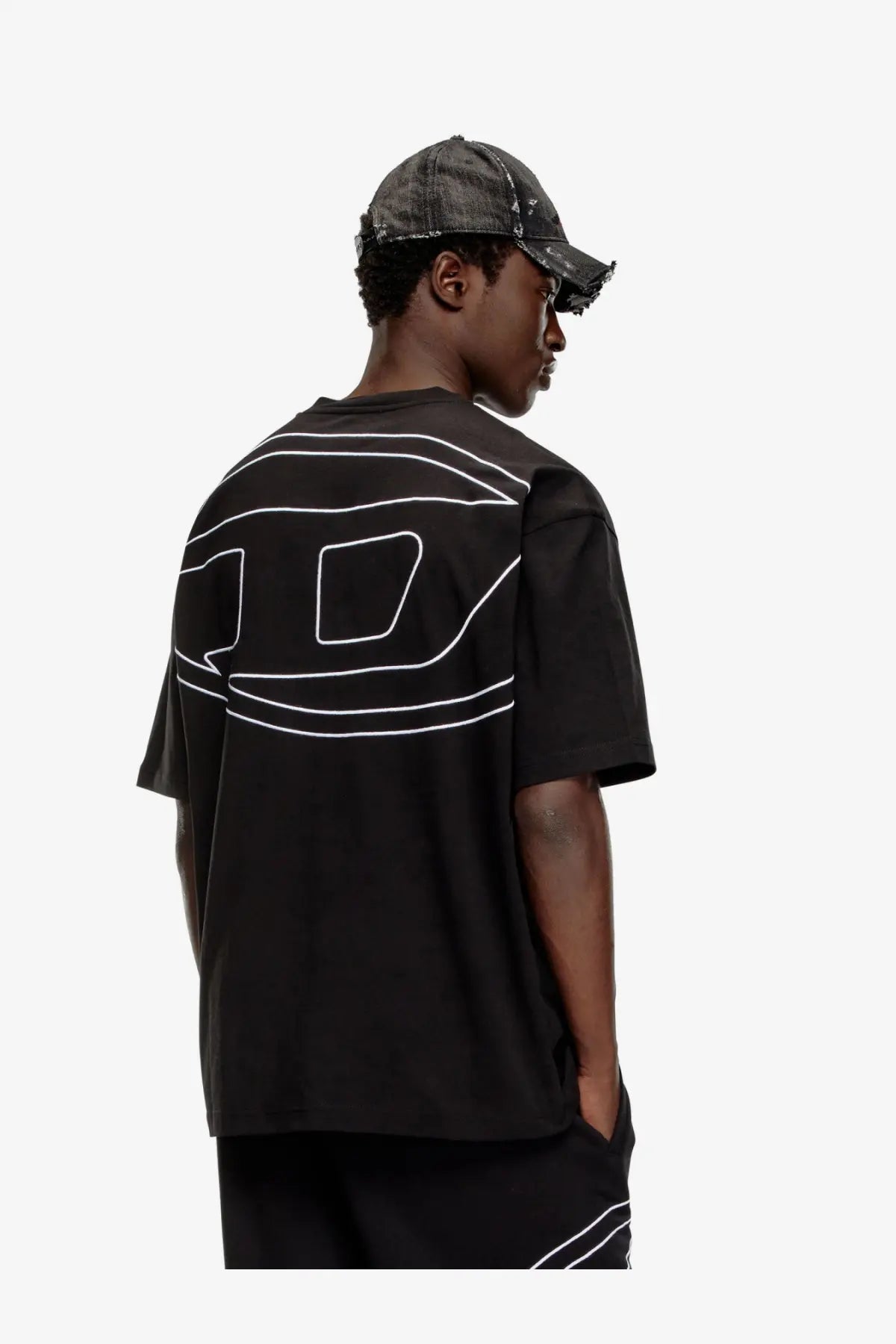 Black Diesel men’s Boggy short-sleeved cotton t-shirt showing bold white outlined graphic design on back side