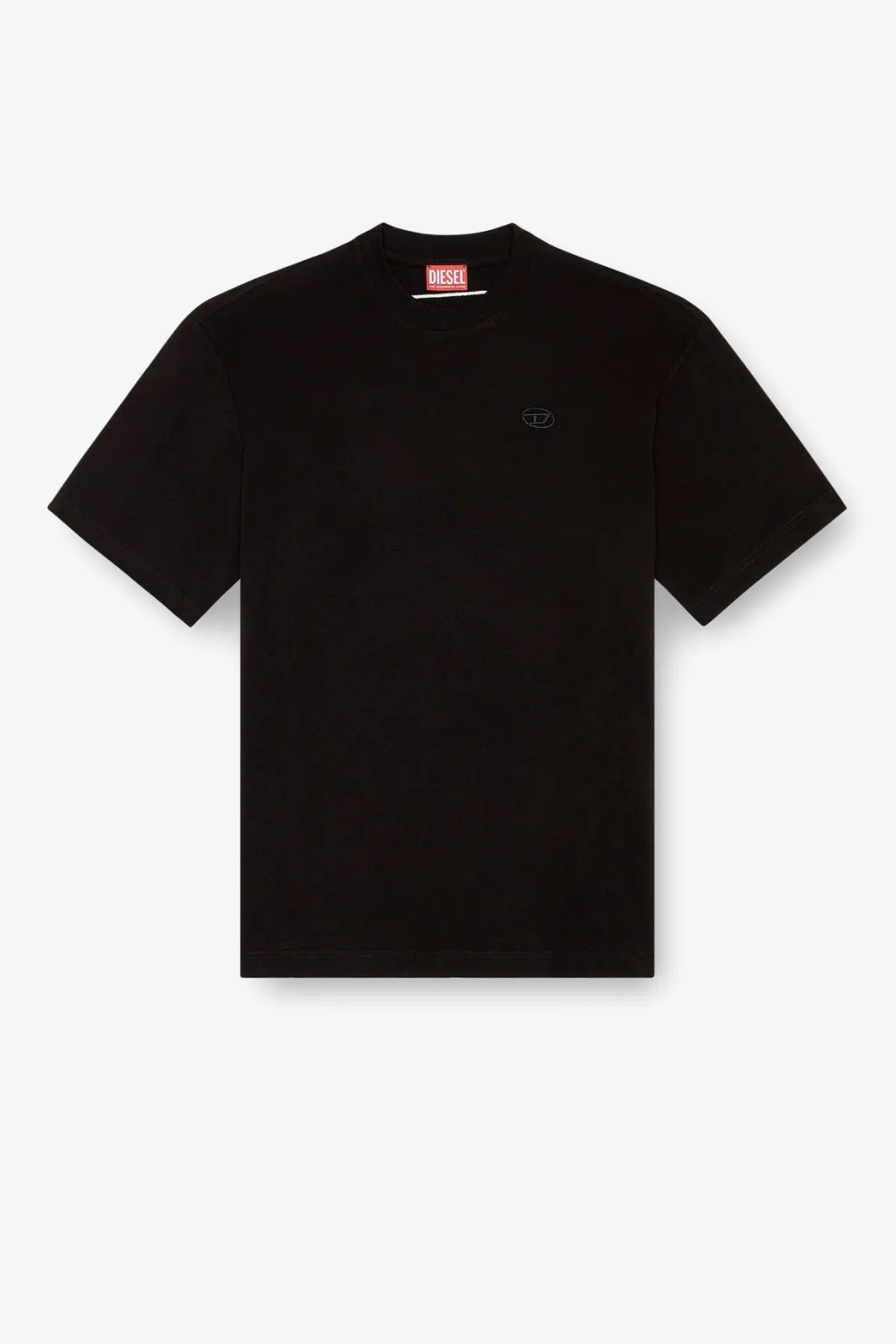 Diesel men’s boggy black cotton t-shirt with subtle chest embroidery and red brand tag at the collar