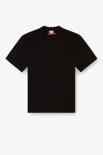 Diesel men’s boggy black cotton t-shirt with subtle chest embroidery and red brand tag at the collar
