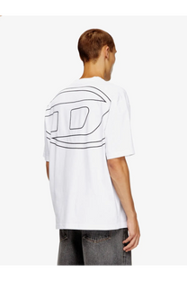 White oversized cotton Diesel men shirt showing back with bold black outlined graphic design on the back