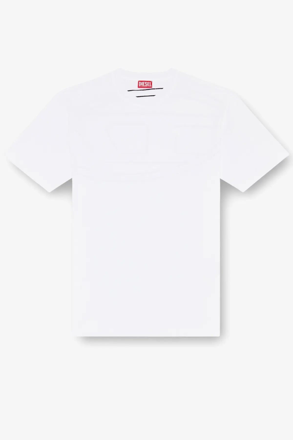 Diesel men’s boggy megoval white cotton t-shirt with a red logo tag at the neckline
