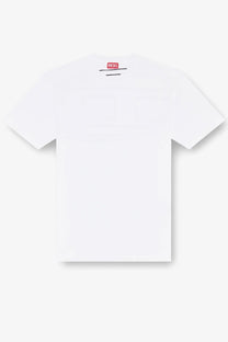 Diesel men’s boggy megoval white cotton t-shirt with a red logo tag at the neckline