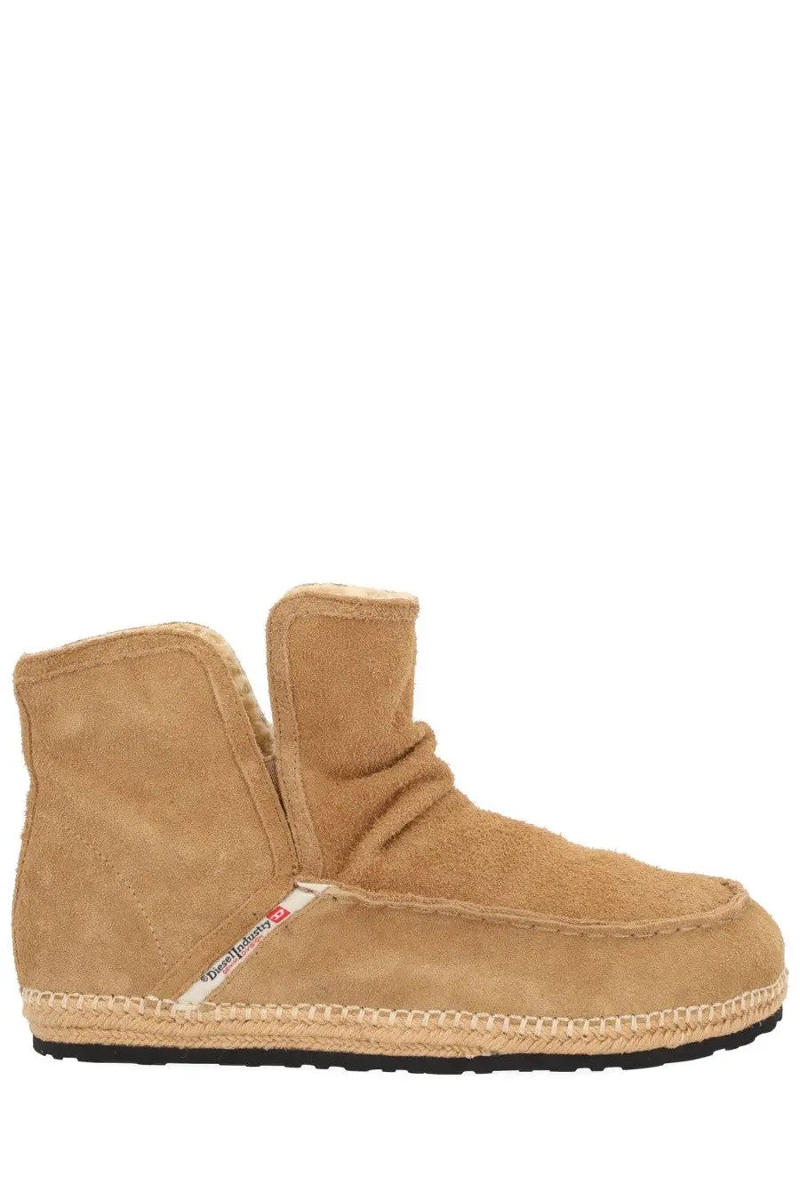 Diesel men’s tan suede ankle boot Lukas Akb beige with woven espadrille sole and black rubber outsole
