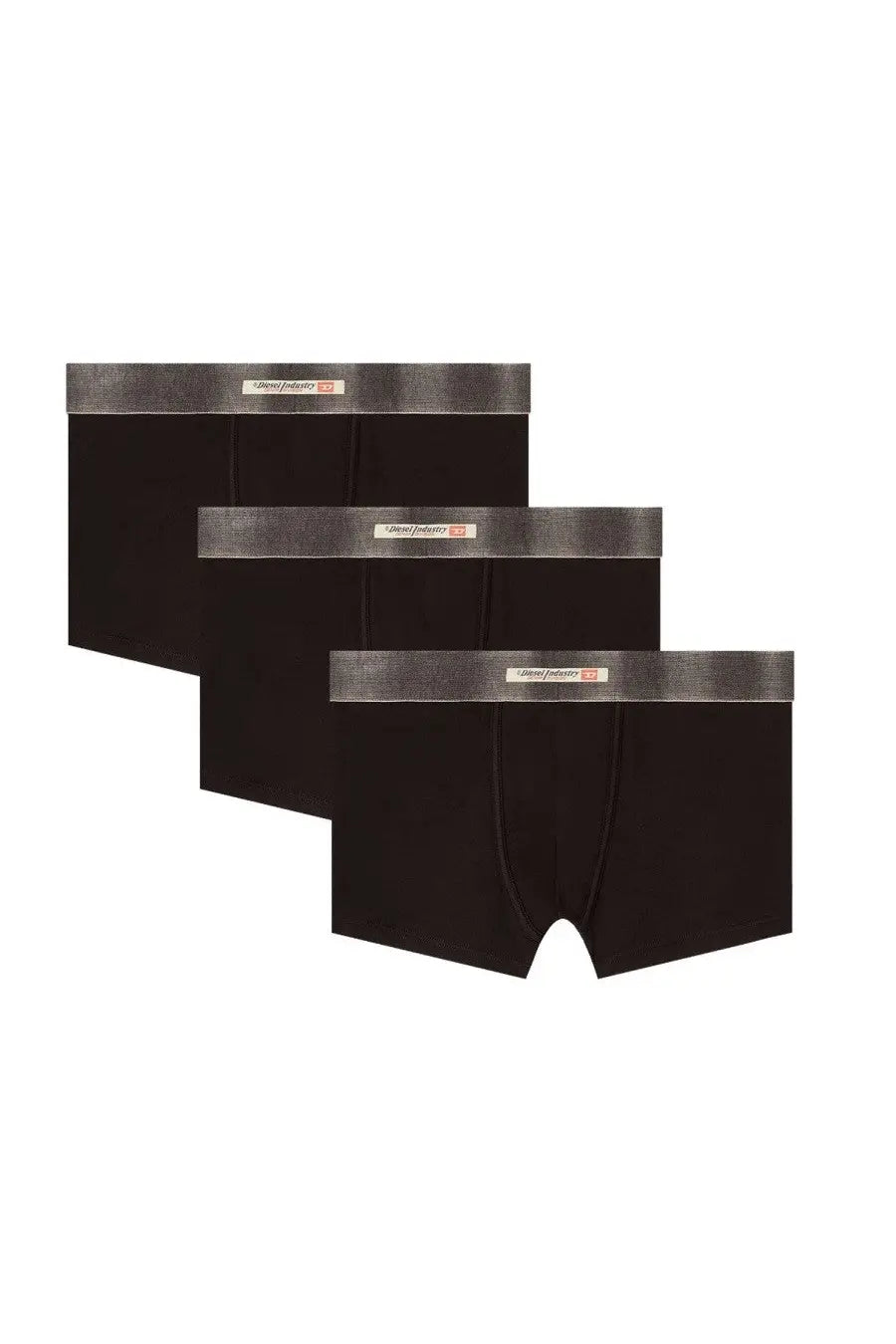 Diesel men’s black boxer briefs with textured gray waistband featuring trendy factory logo in Damien Dnm design