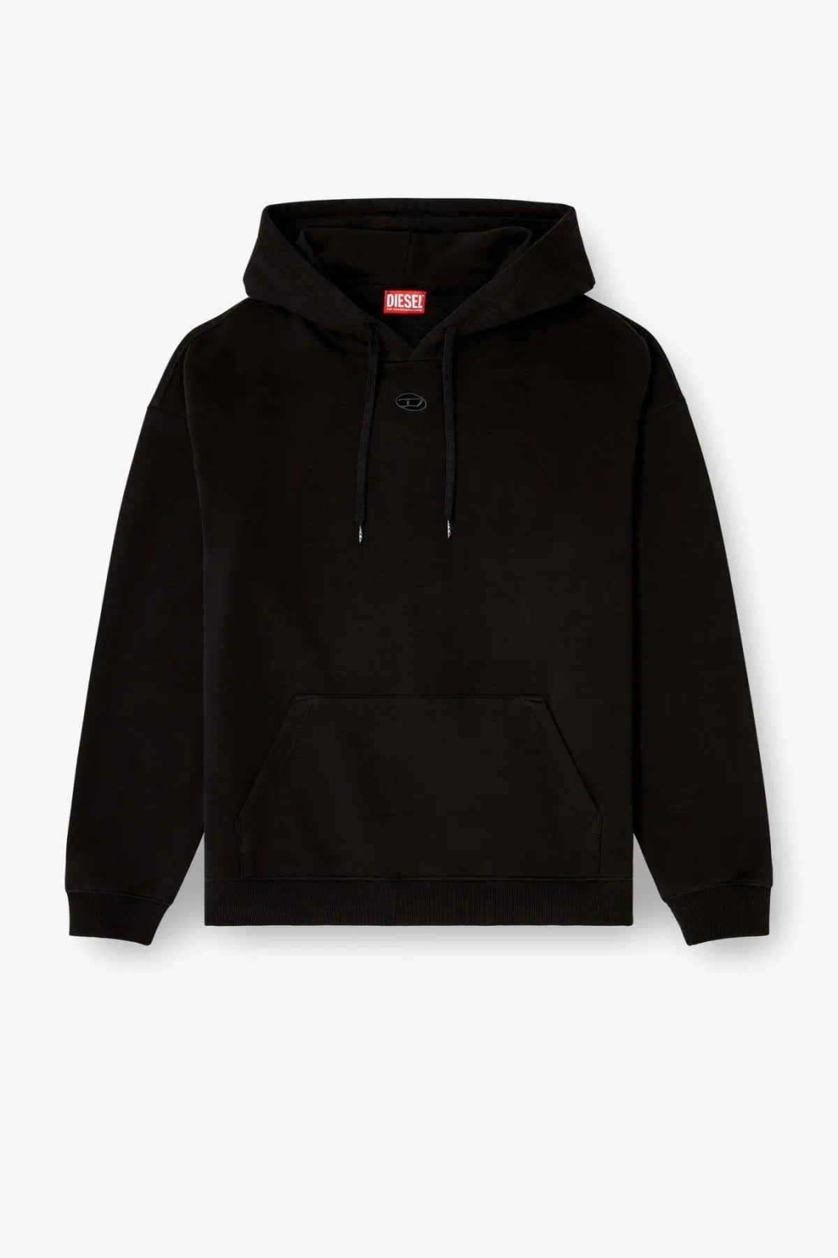 Diesel men’s boxt hood black cotton sweatshirt with subtle embroidered logo and red brand tag at the neckline