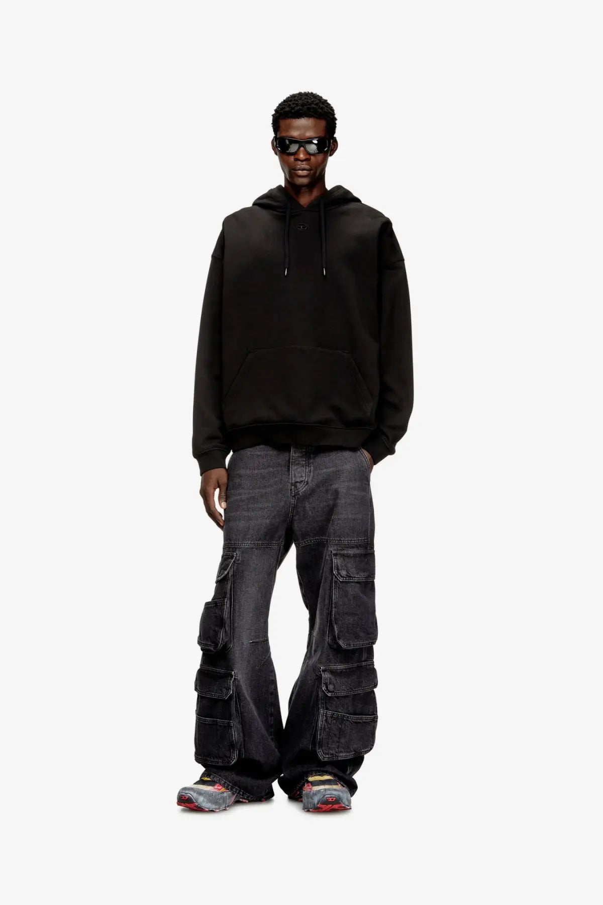 Diesel men’s boxt hood dco black cotton sweatshirt with oversized fit front pocket and drawstring hood