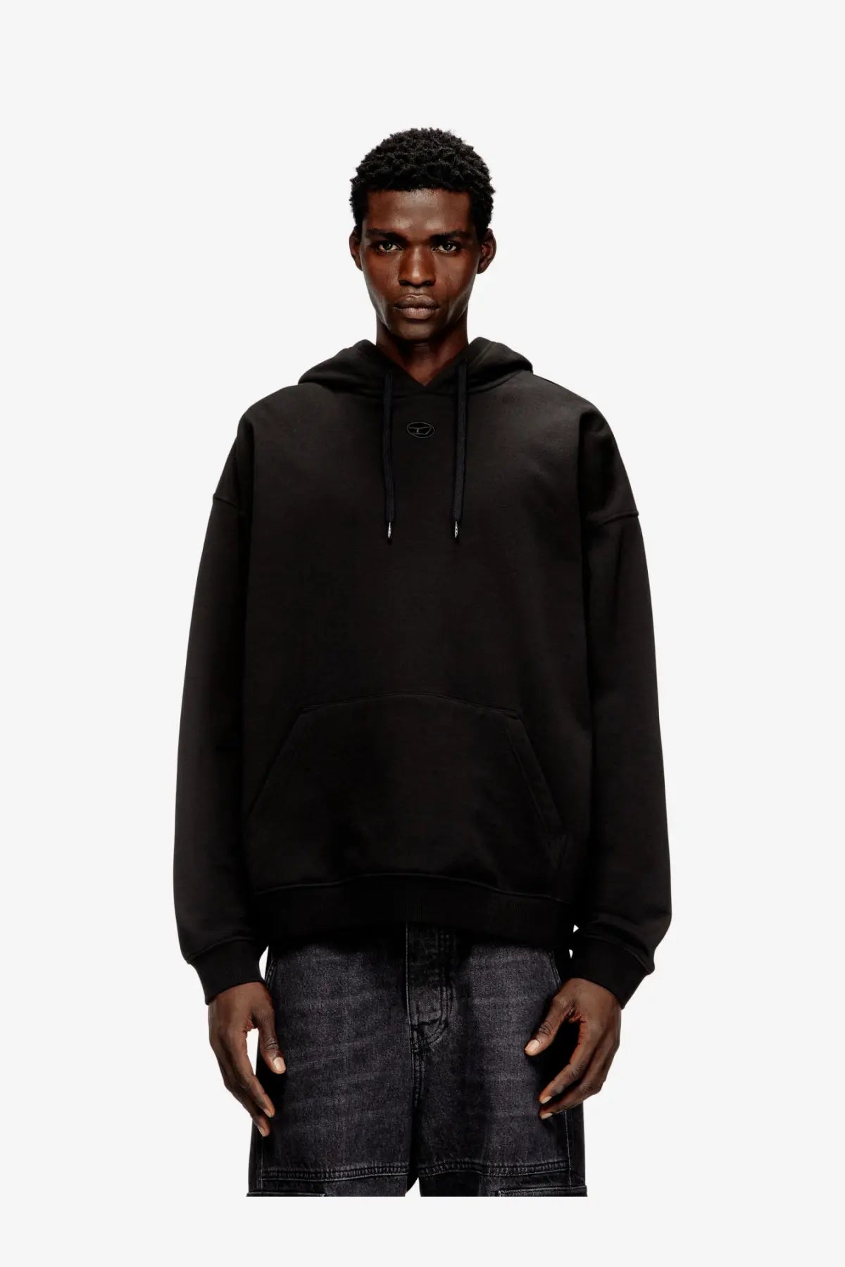 Diesel men’s boxt hood black oversized cotton sweatshirt with subtle embroidered logo and matching drawstrings