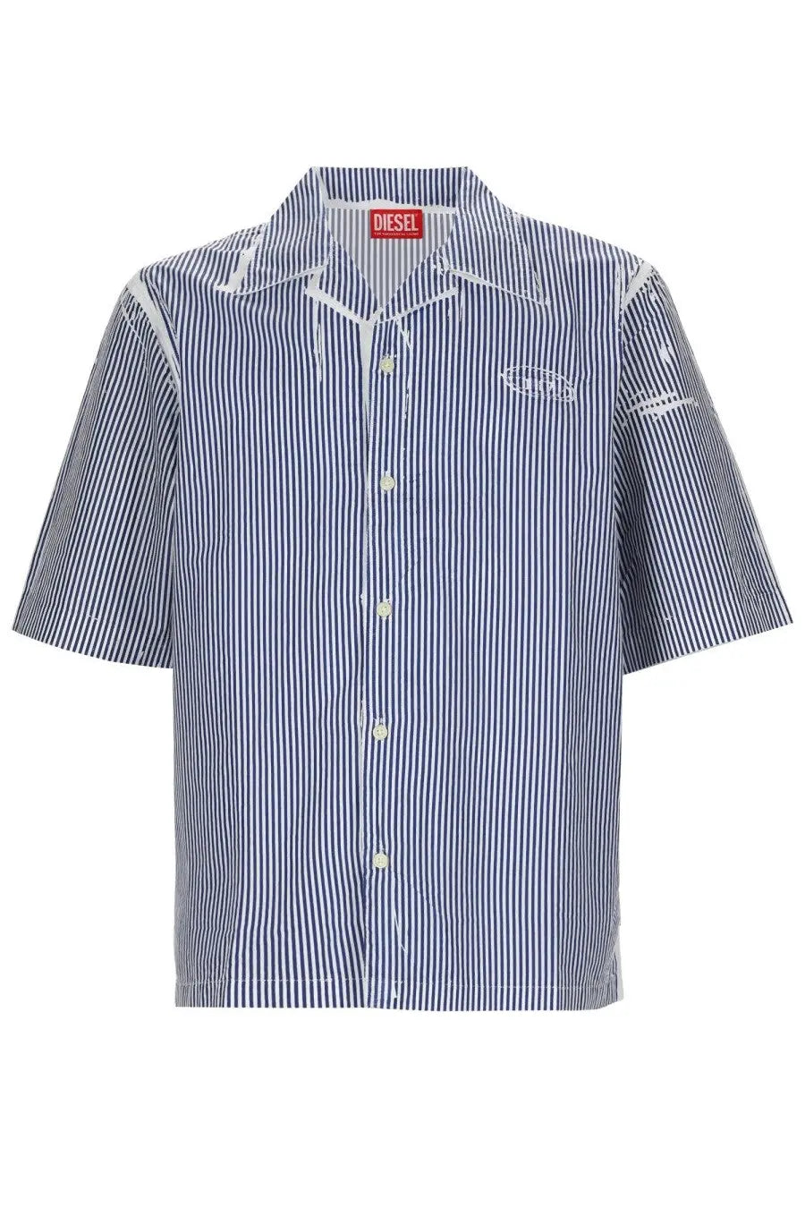 Diesel men’s camicia con multicolor blue and white striped short-sleeved shirt with distressed patchwork design
