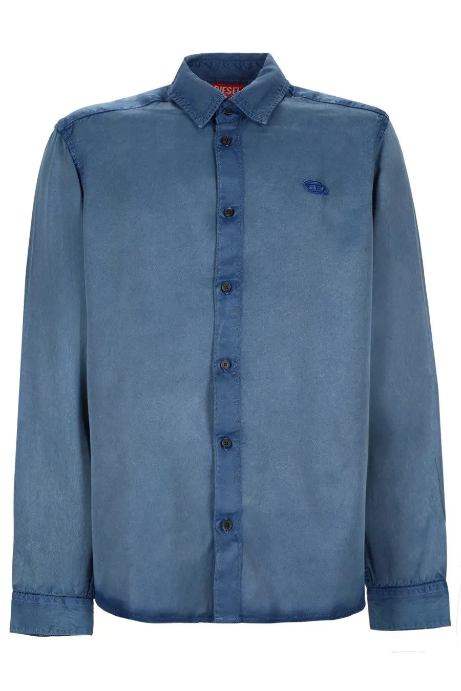 Diesel men’s blue denim button-up shirt with subtle faded wash and embroidered diesel logo on the chest