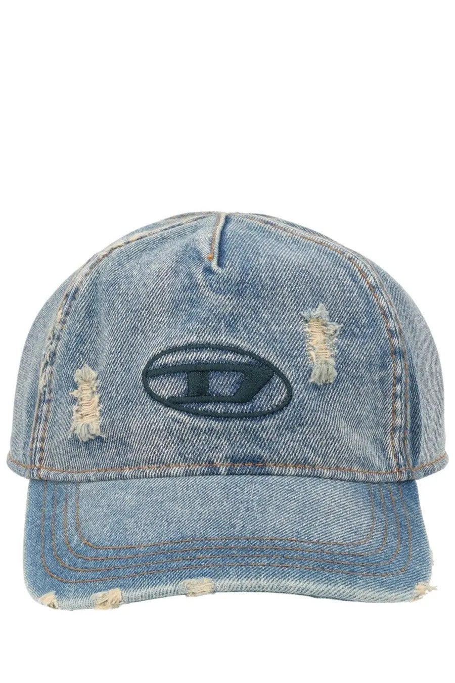 Distressed light blue denim Diesel men’s baseball cap with a black embroidered logo perfect for casual wear