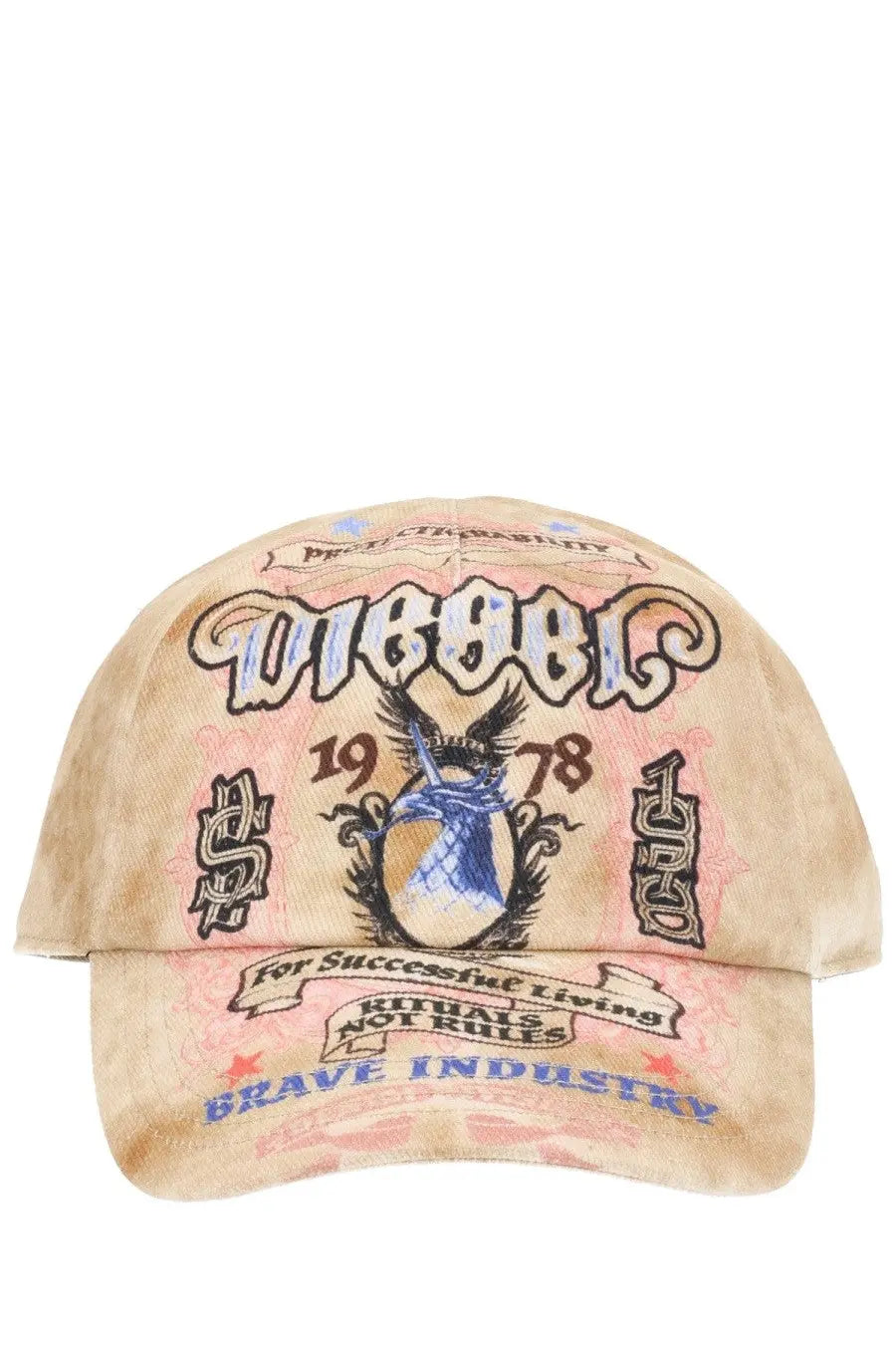 Beige distressed diesel men’s baseball cap with bold blue and black logo graphic featuring eagle emblem and vintage text