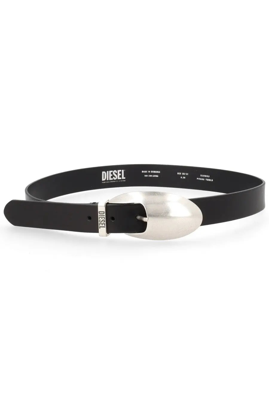 Diesel men’s cintura rop con black leather belt with large oval silver-toned buckle and embossed Diesel logo