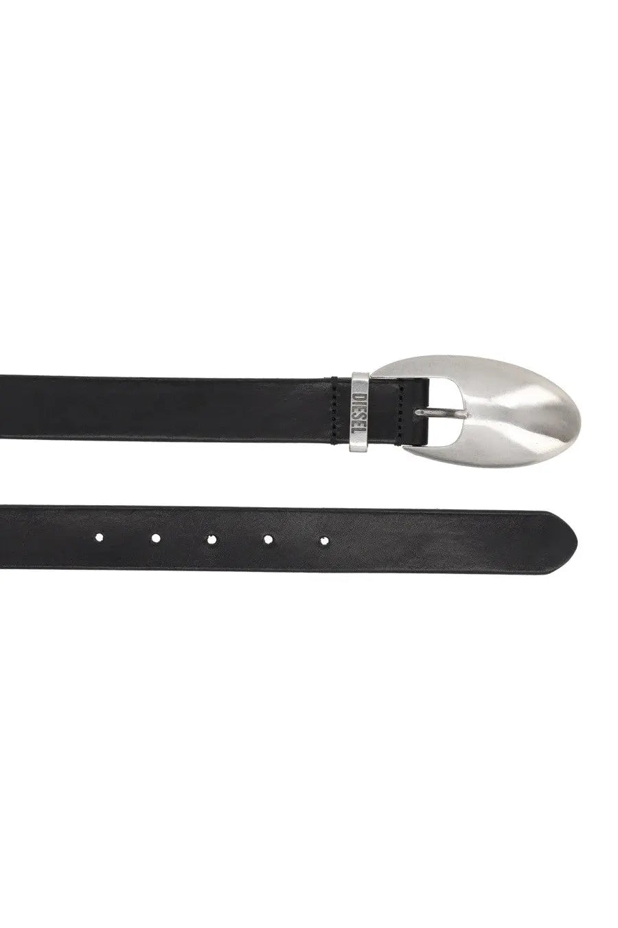 Diesel men’s cintura rop con black leather belt with a sleek oval silver buckle and diesel engraving on the side
