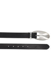 Diesel men’s cintura rop con black leather belt with a sleek oval silver buckle and diesel engraving on the side
