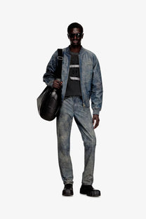 A black leather shoulder bag with quilted design and structured shape paired with diesel men’s cobb leather jacket grey