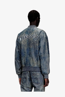 Back side of a blue denim bomber jacket with faded wash and diesel embroidered in white script across the back