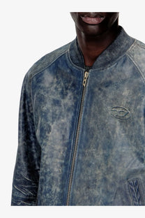 Diesel men’s Cobb grey leather bomber jacket with blue distressed finish and subtle embossed logo on the chest