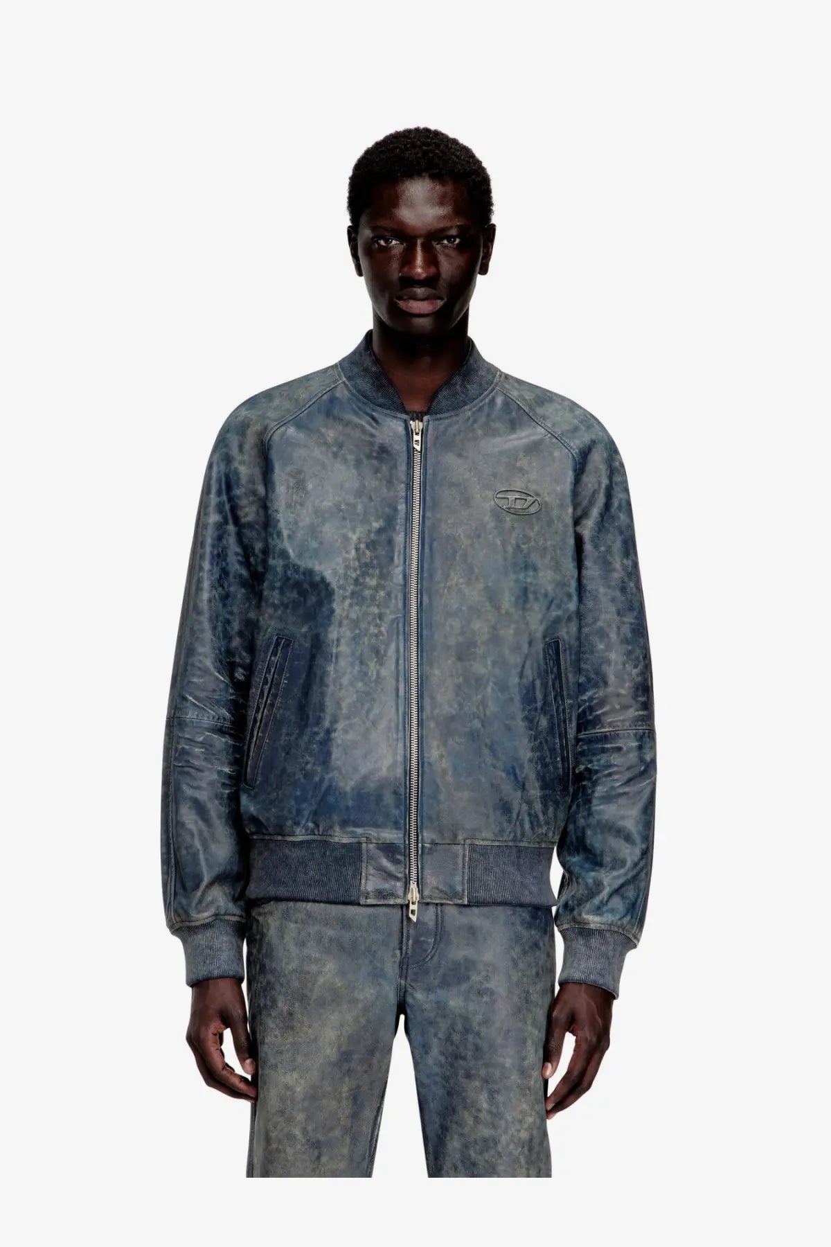 Diesel men’s Cobb leather bomber jacket in blue distressed leather with a subtle embossed logo on the left chest