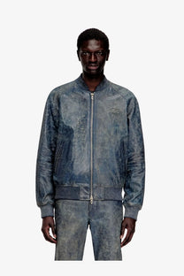Diesel men’s Cobb leather bomber jacket in blue distressed leather with a subtle embossed logo on the left chest