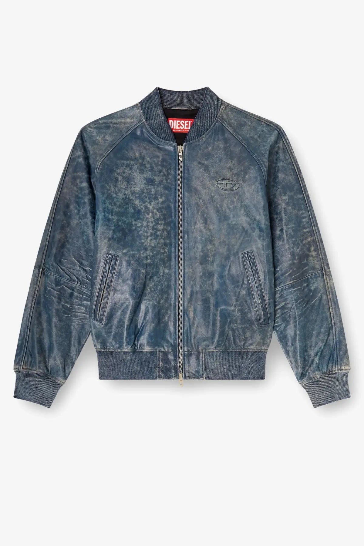 Diesel men’s grey distressed leather bomber jacket with ribbed cuffs and collar in blue tones
