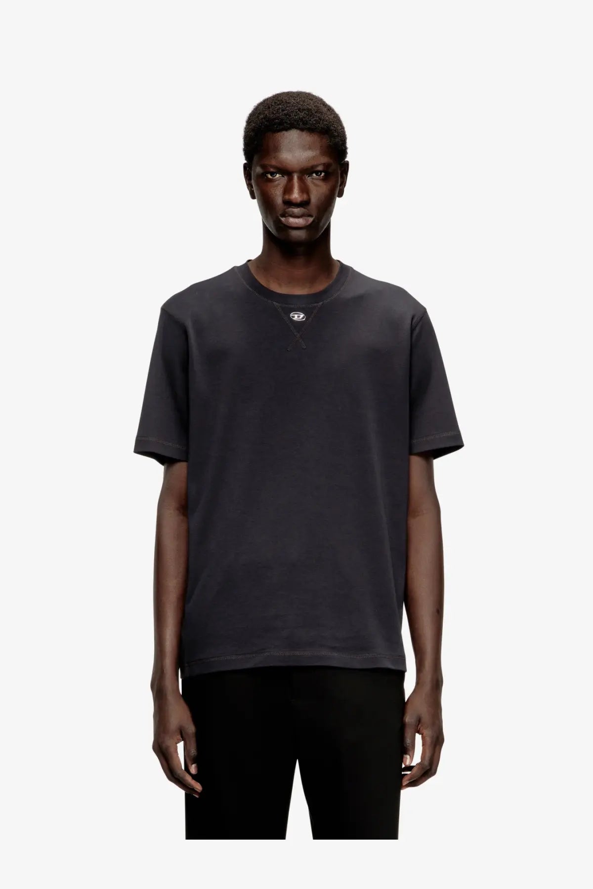 Dark gray Diesel men’s cotton blend crewneck t-shirt with small white logo on the left chest in black color
