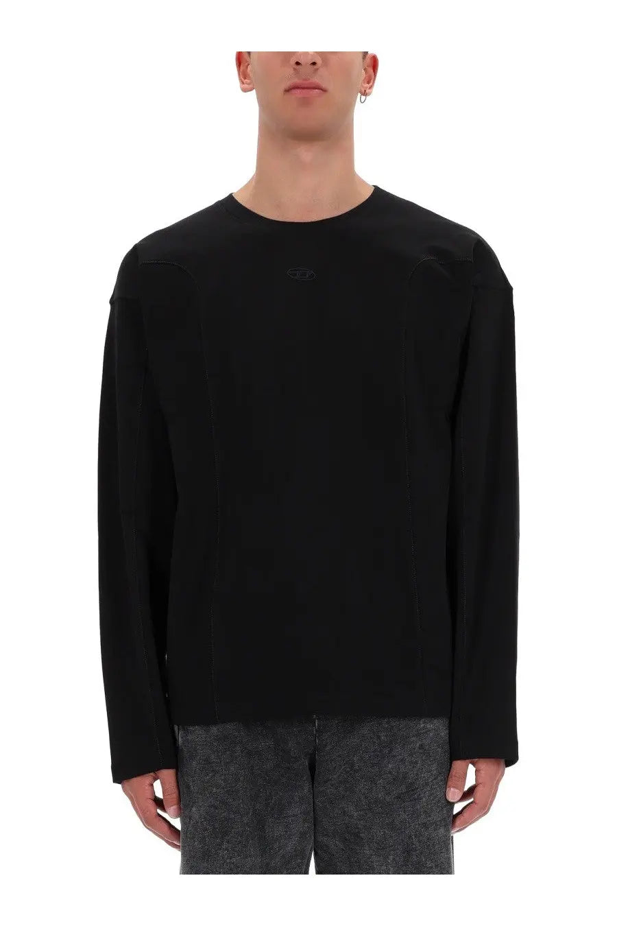 Diesel men’s black cotton long-sleeved crewneck sweatshirt with subtle textured shoulder panels