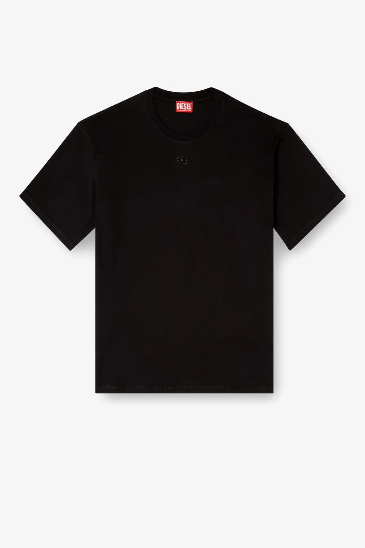Diesel men’s black cotton t-shirt featuring a subtle embroidered logo on the chest and a red brand tag at the collar