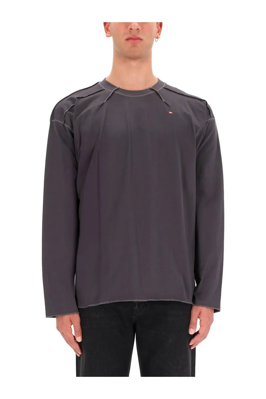 Diesel men’s cotton shirt grey with dark gray long sleeves subtle stitching and small red logo on the chest