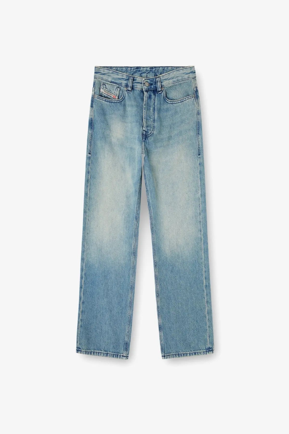 Diesel men’s eeper blue light-wash denim jeans with straight-leg cut five-pocket design and brand logo on front pocket