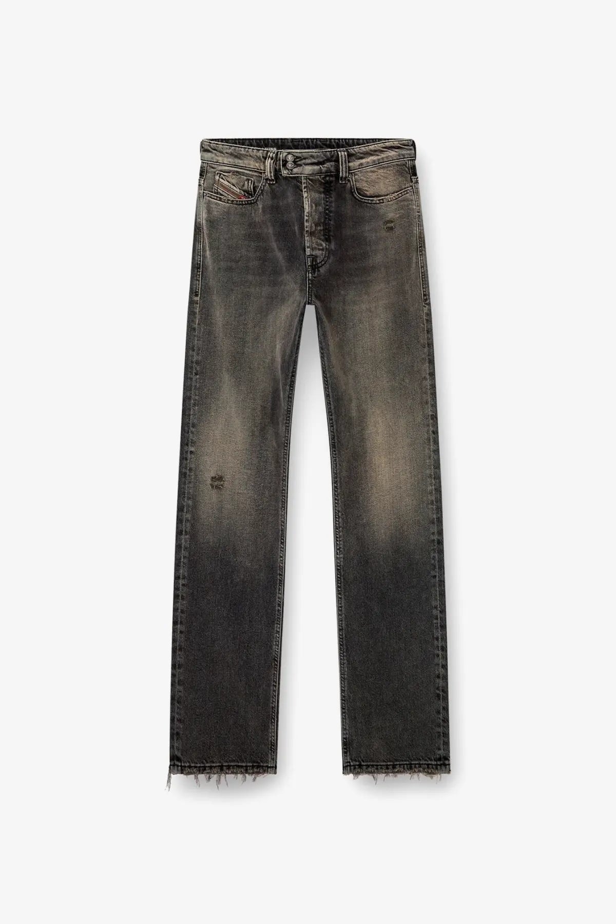Diesel men’s eeper ra denim trousers black featuring dark gray distressed denim with frayed hems and subtle fading