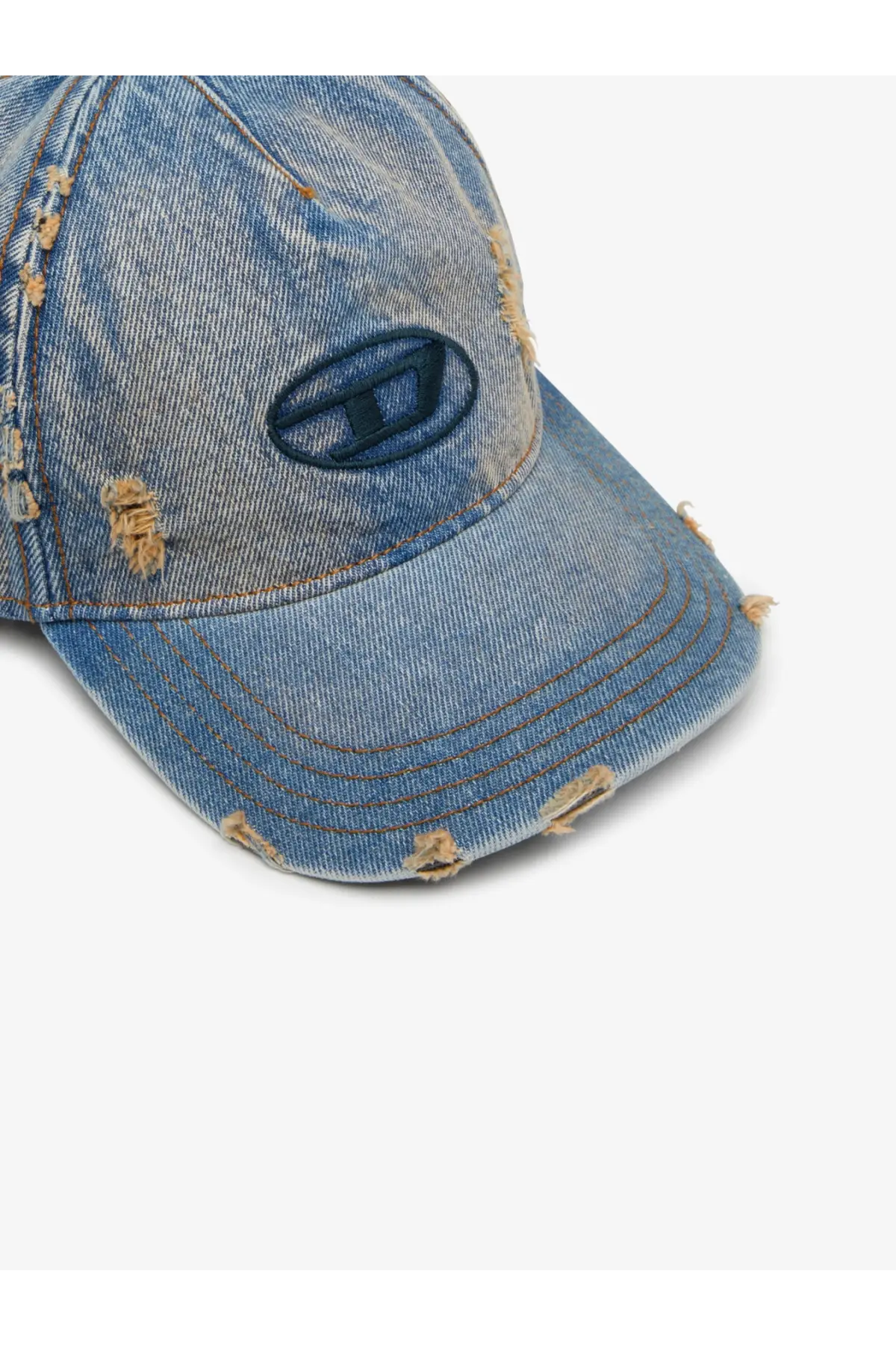 Distressed blue denim baseball cap with dark embroidered logo by diesel men’s enic denim blue collection