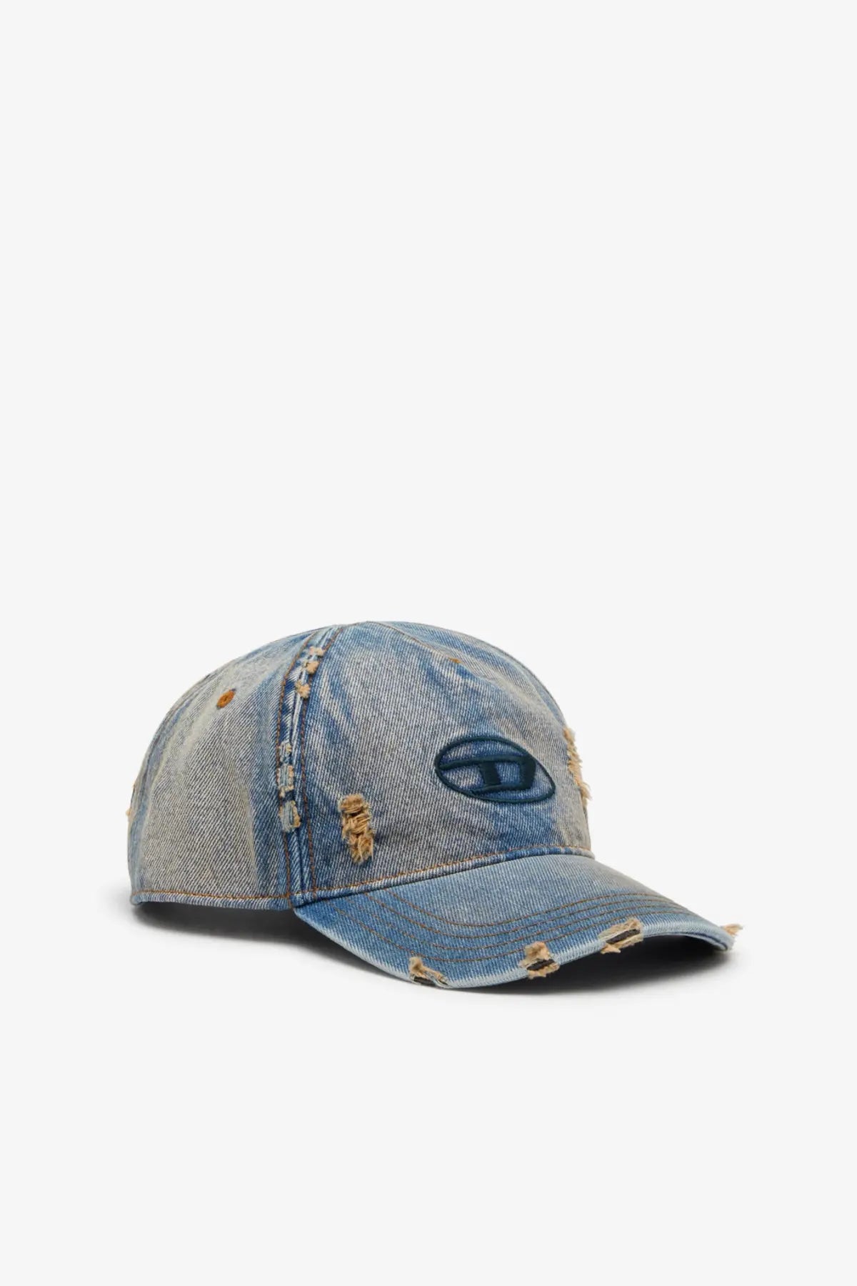 Diesel men’s Enic denim blue distressed baseball cap with faded wash frayed edges and embroidered logo patch