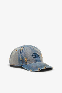 Diesel men’s Enic denim blue distressed baseball cap with faded wash frayed edges and embroidered logo patch