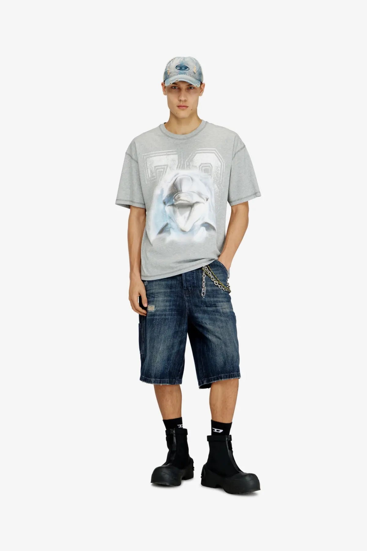 Diesel men’s enic denim blue gray t-shirt with white dolphin graphic and number 72 printed on front