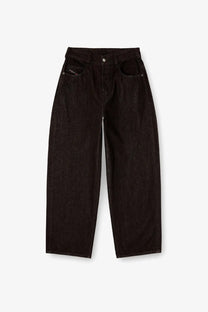 Diesel men’s black denim trousers with relaxed wide-leg cut and subtle fading details in black denim material