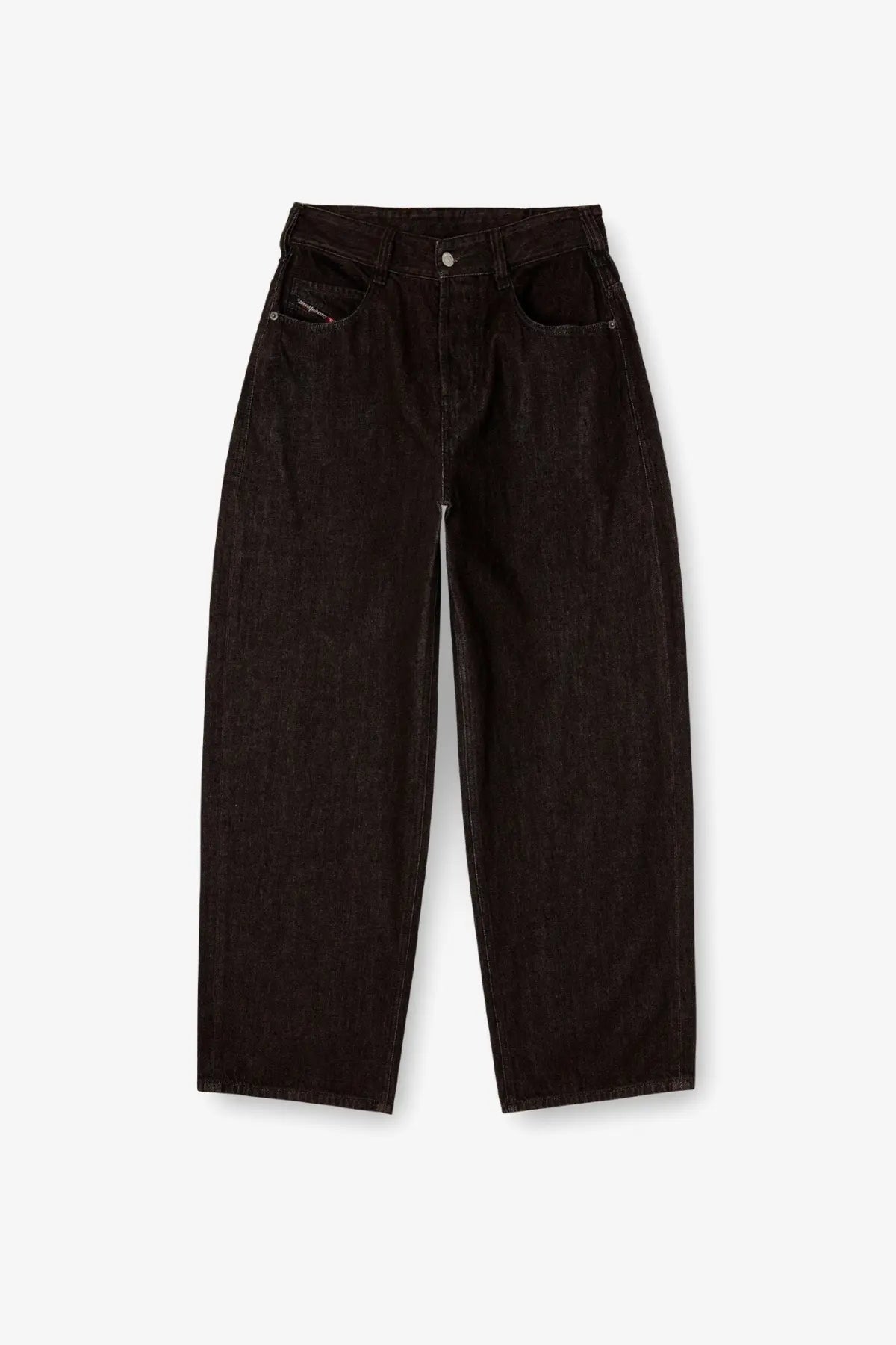 Diesel men’s enim black denim trousers with relaxed wide-leg cut and subtle fading details on black denim fabric