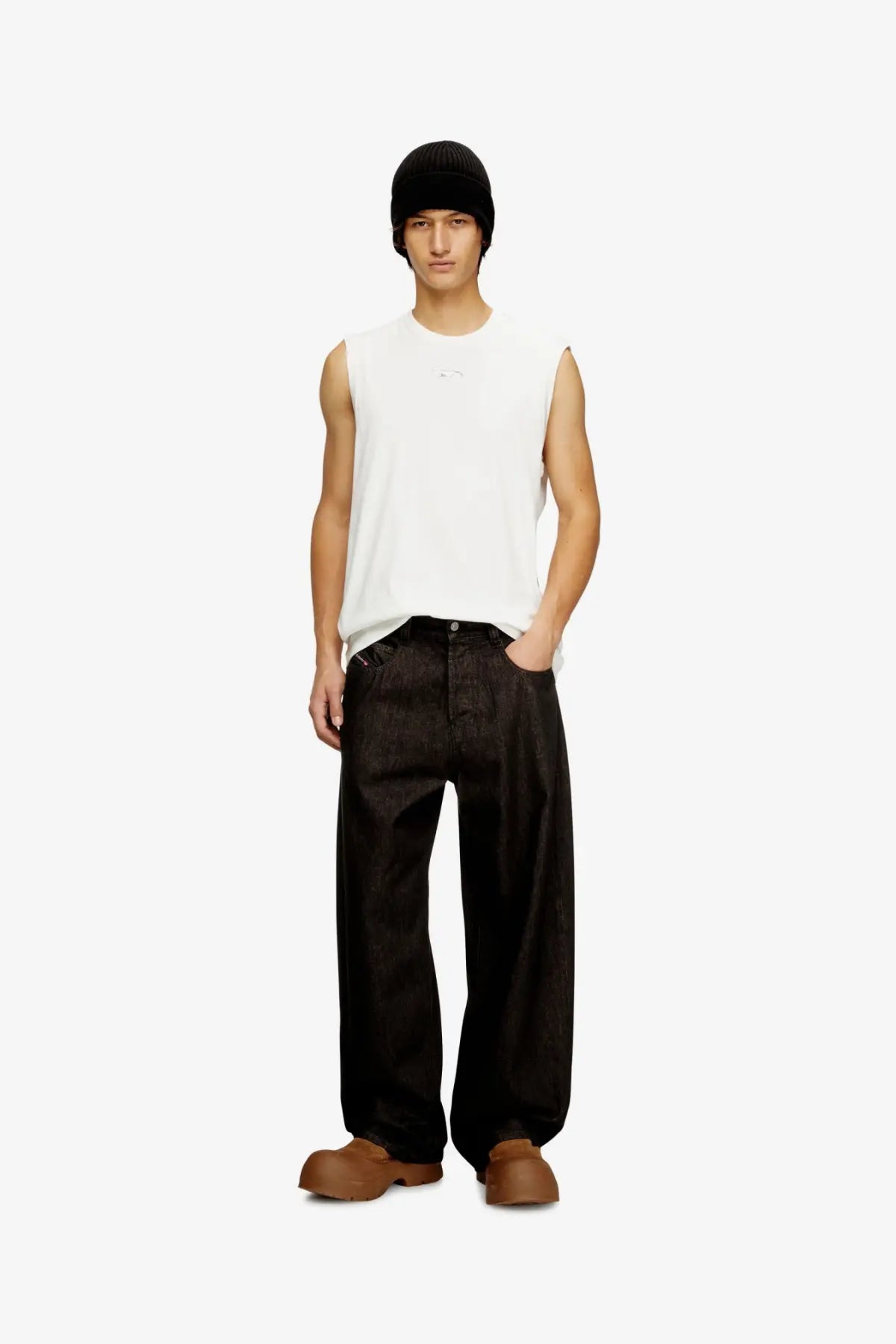 Diesel men’s enim black wide-leg denim trousers in black made from sturdy denim material