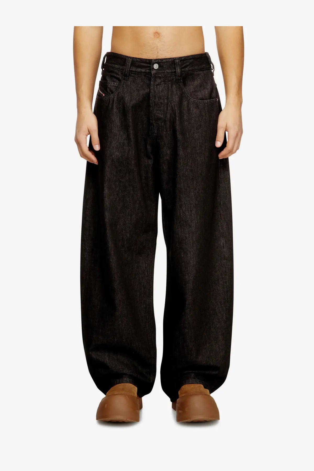 Diesel men’s black wide-leg denim trousers with faded textured finish and classic five-pocket design