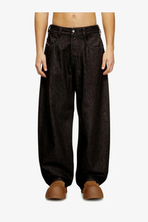 Diesel men’s black wide-leg denim trousers with faded textured finish and classic five-pocket design