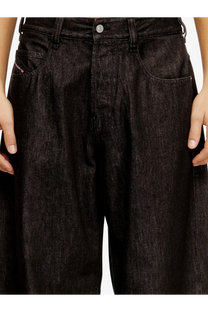 Diesel men’s black denim trousers featuring wide-leg cut, high waist, classic stitching, and durable denim fabric
