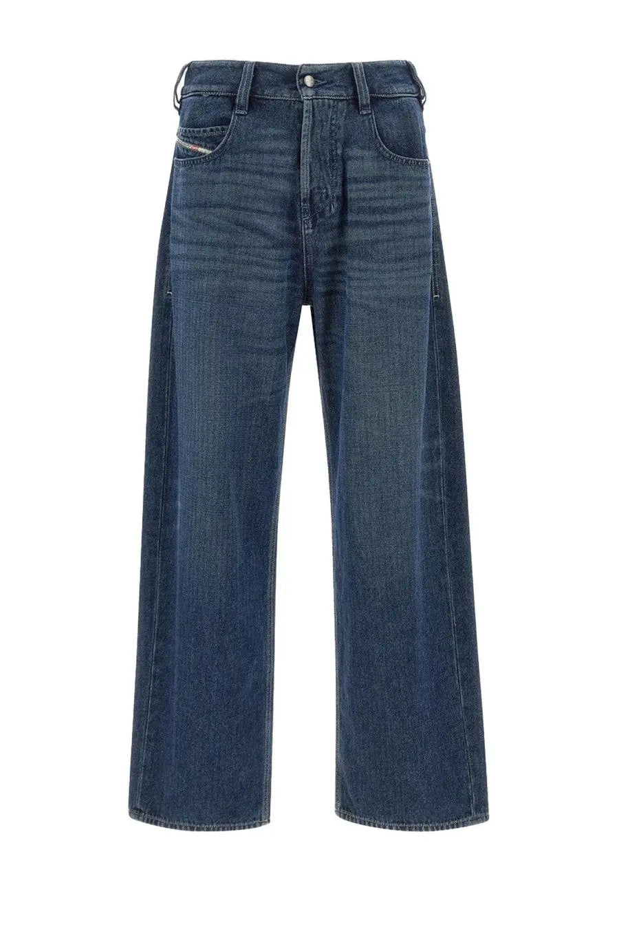 Diesel men’s blue denim jeans with high-rise waist wide-leg cut and visible stitching details