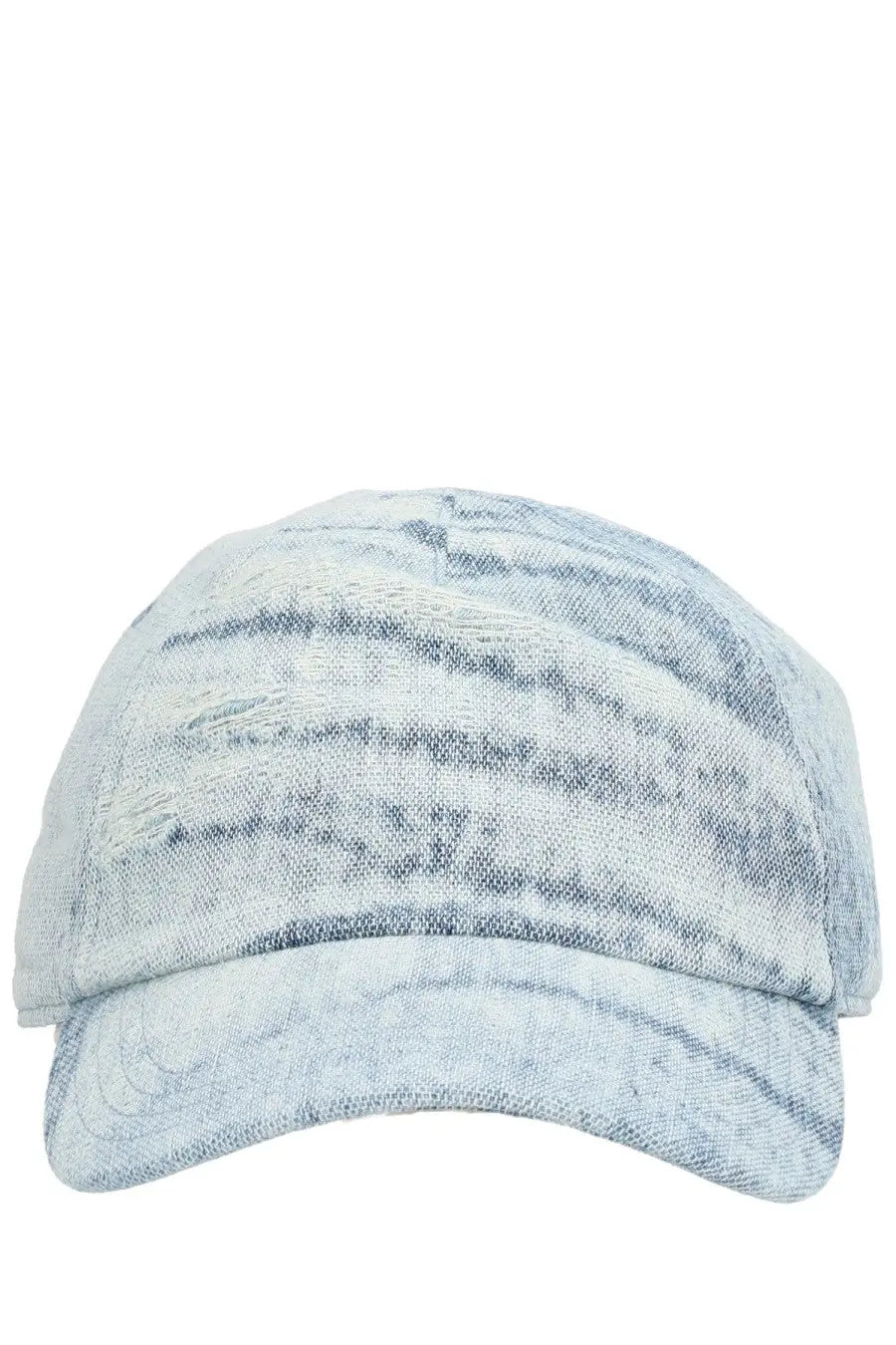 Diesel men’s feel baseball cap in light blue distressed denim with faded washed-out look and subtle horizontal stripes