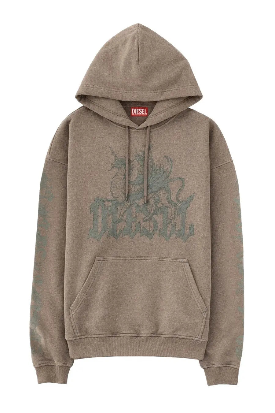 Diesel men’s felpa con brown dusty beige diesel hoodie with faded green dragon graphic and stylized brand name on chest