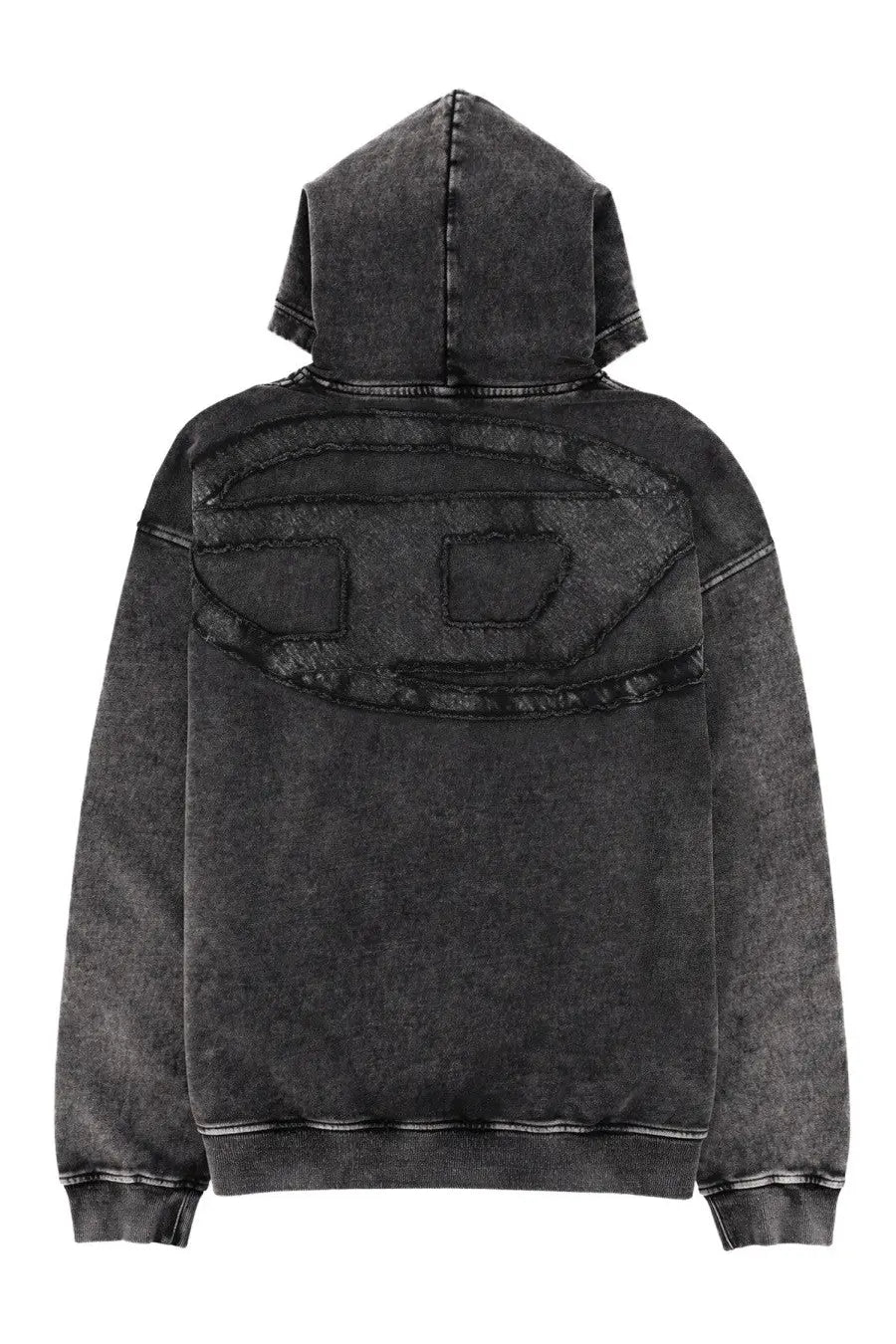 Diesel men’s felpa con grey black distressed denim hoodie showing back with faded patchwork logo detail