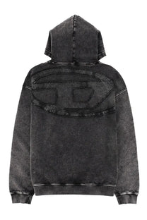 Diesel men’s felpa con grey black distressed denim hoodie showing back with faded patchwork logo detail