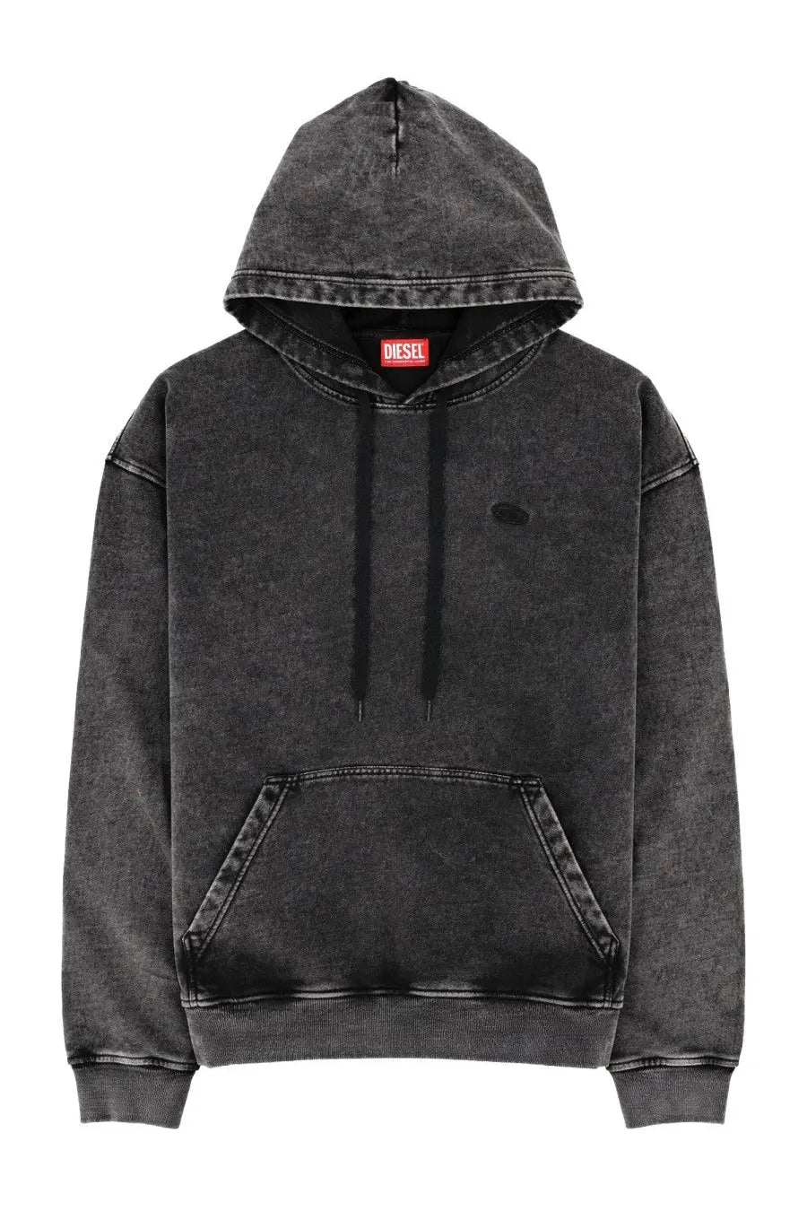 Diesel men’s felpa con grey black distressed hoodie with subtle chest logo and matching drawstrings in soft fabric